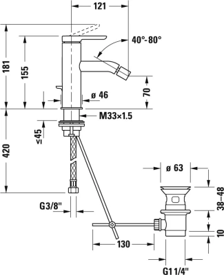 C12400001010 С.1 Смеситель для биде, Н 155 мм, излив 121 мм, с донным клапаном, соединительные шланги 3/8“, хром